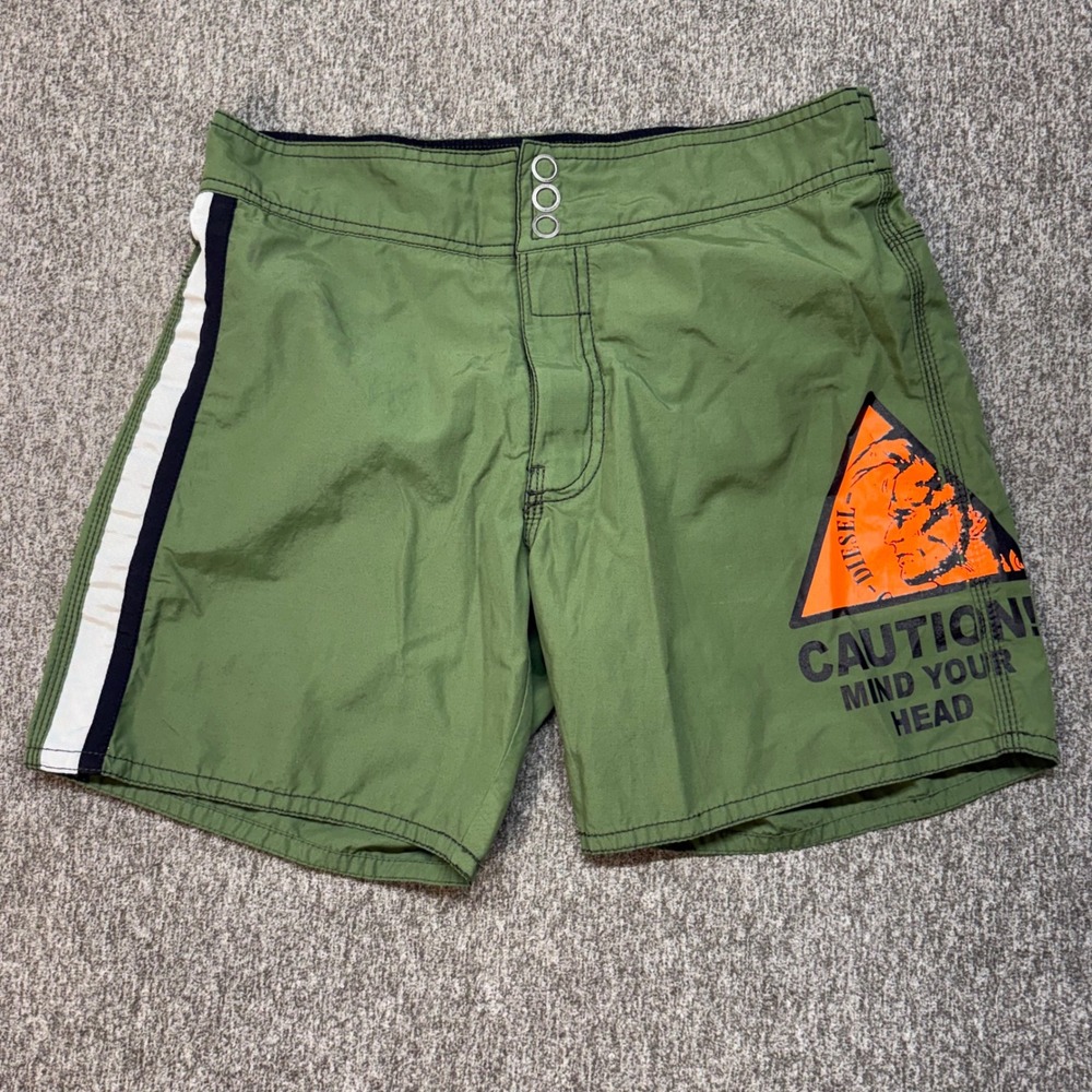 Diesel Beachwear Swim Trunks Mens S Olive Green Caution Graphic Board‎ Shorts